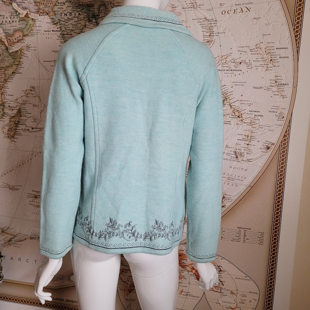 Pendleton 100% wool pale aqua zipper cardigan collar gray embroidery grandma XS - Picture 11 of 11